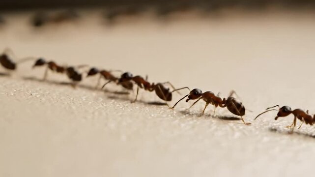 Close-up of numerous brown ants walking in a single file line on a light textured surface