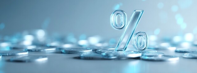 Elegant transparent glass percent symbol standing on  coin stacks with reflections. Concept of economy, interest, banking, and savings. banner 