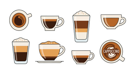 Obraz premium Various coffee drinks in different cups and glasses.