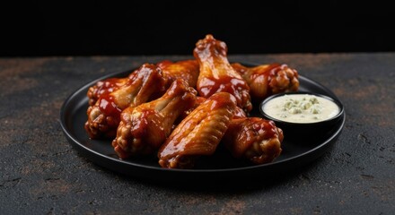 Crispy, glazed chicken wings on a dark plate, alongside a small bowl of dipping sauce