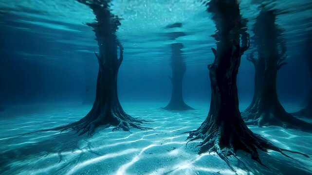 Submerged tree trunks standing in clear blue water with sunlight patterns on sandy bottom