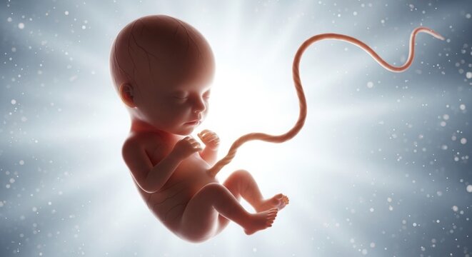 Developing human fetus with visible umbilical cord