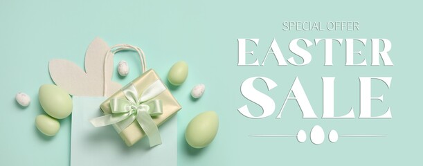 Banner for Easter sale with eggs, gift and shopping bag