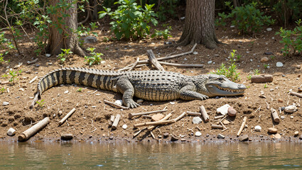Obraz premium Large crocodile resting on riverbank surrounded by trees 