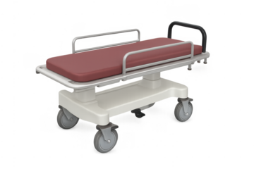 Medical gurney with red mattress on transparent background