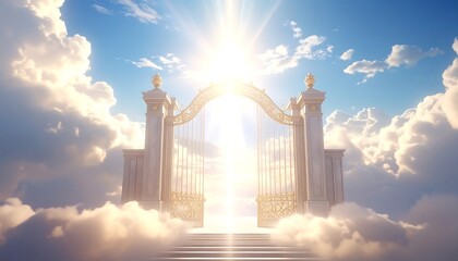Pearly gates open to a bright, heavenly sky, surrounded by soft clouds © kamcrit