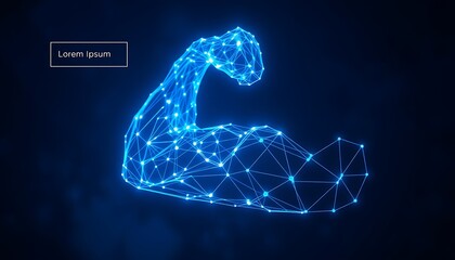 Glowing Blue Wireframe Bicep Flexing Arm on Dark Background muscle strength