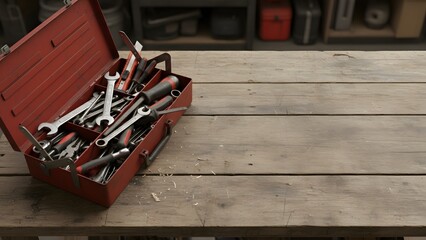 Toolbox with Tools on Wooden Workbench.