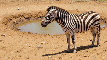 Fototapeta premium Zebra standing by watering hole in dry landscape for World Wildlife Day 