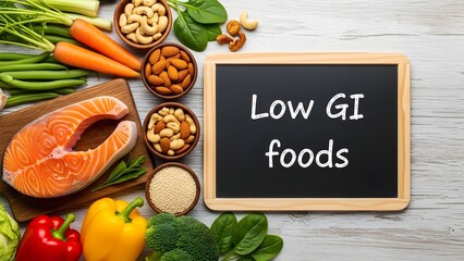 Healthy Low GI Foods Spread with Salmon and Vegetables.