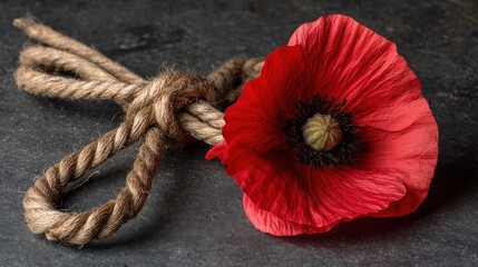 Vibrant red flower rests beside a rustic piece of knotted twine on a dark stone surface