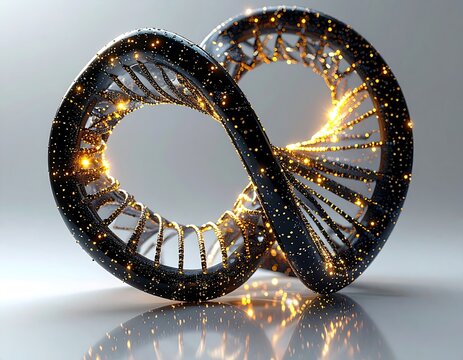 Infinity symbol rendered as a DNA helix, shimmering with golden particles - Powered by Adobe