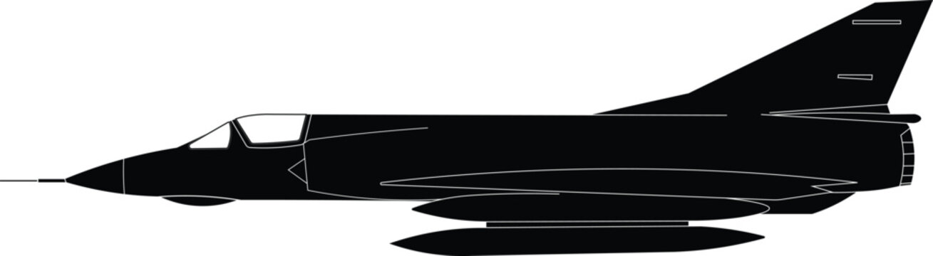 Silhouette of a dassault mirage III side view vector illustration. Fighter jet silhouette 
