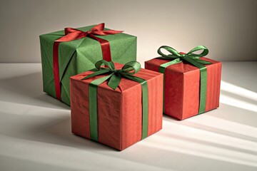 Obraz premium Festive red and green holiday presents, meticulously wrapped with elegant ribbons and bows, symbolizing joy and seasonal celebration