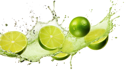Fresh lime juice splash with bright green droplets and dynamic motion on transparent background