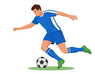 Obraz premium Soccer player in blue uniform dribbling a soccer ball on green grass, isolated on white