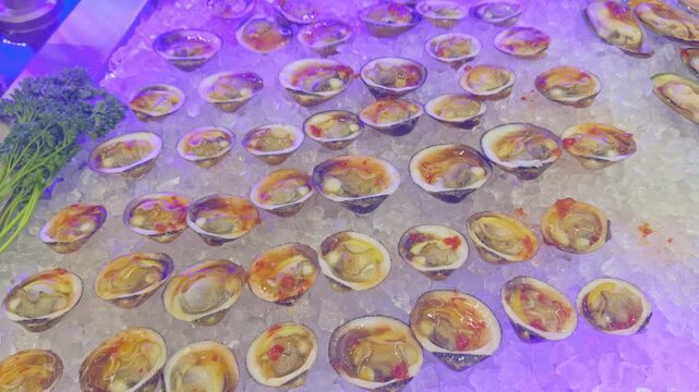 Fresh open clams arranged on crushed ice with purple mood lighting. Raw seafood platter display at a French restaurant. Ideal for gastronomy and catering concepts