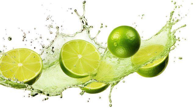 Fresh lime juice splash with bright green droplets and dynamic motion on transparent background