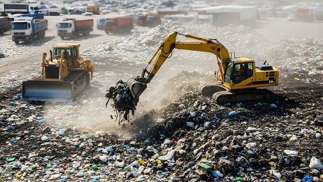Heavy machinery operates at a large landfill site processing waste and debris. - Powered by Adobe