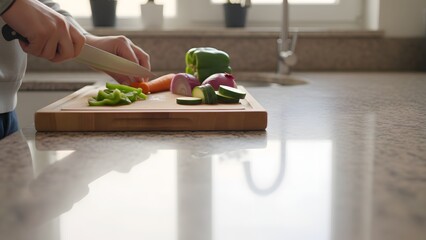 Preparing Fresh Vegetables on Marble Countertop.