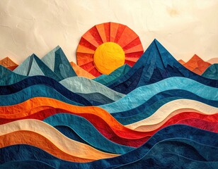 Fototapeta premium Paper art of a sunrise over stylized mountains and wavy ocean