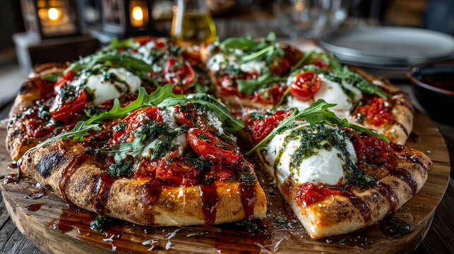 Patriotic Italian tricolore pizza with stripes of red, white and green in the colours of the national flag formed by tomato, cheese and fresh rocket leaves used for the topping on a wooden table .