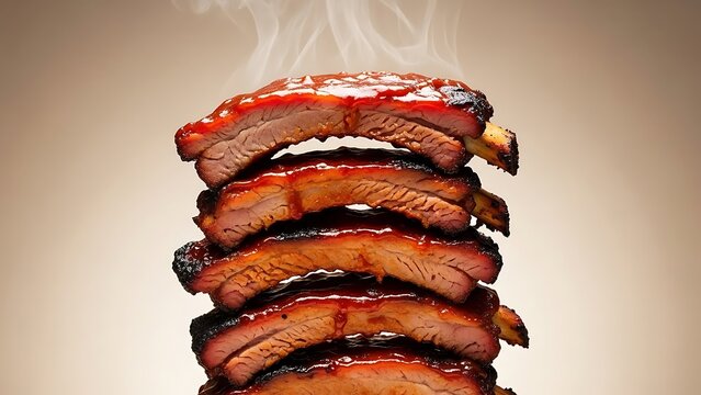 Stack of BBQ Ribs with Sauce and Smoke Background
