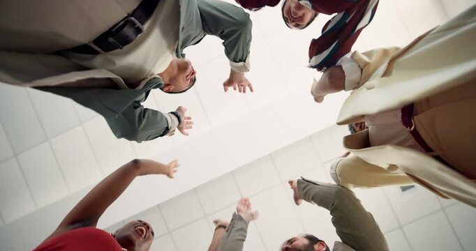 Below, team and hands together in circle with success, applause and achievement of marketing goals. People, huddle or clapping in office with celebration, collaboration and milestone for advertising.