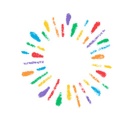 Crayon doodle confetti. Color pencil hand drawn firework symbol. Chalk color birthday firecracker confetti. Crayon graphic design circle element. Vector illustration isolated on white background.
