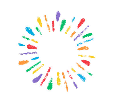 Crayon doodle confetti. Color pencil hand drawn firework symbol. Chalk color birthday firecracker confetti. Crayon graphic design circle element. Vector illustration isolated on white background.