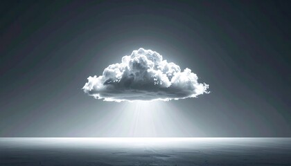 A luminous cloud with shining rays descends from the sky over a barren landscape
