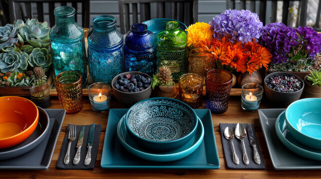 Colorful picnic table place settings with empty multicolored plates and bowls, glasses and flower decals for a fun summer barbecue, overhead view