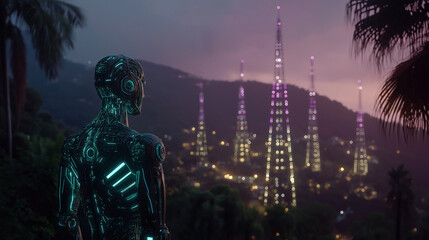 Fototapeta premium Cyberpunk Visionary: A futuristic individual gazes upon a cityscape, its neon-lit structures piercing the twilight. The scene is a fusion of technology and urban life.
