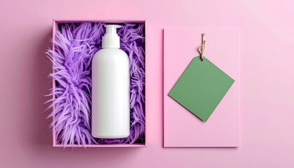 White bottle in a box with plush purple lining, green tag on pink
