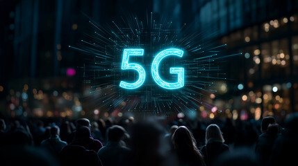 5G Connectivity: The future is now, with a vibrant 5G signal illuminating the night sky above a diverse crowd in a bustling cityscape, symbolizing the power of high-speed communication.