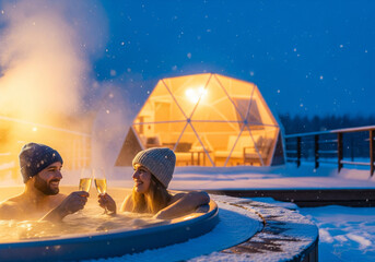 Romantic couple toasting with champagne in an outdoor hot tub at a snowy dome glamping site - with copy space.