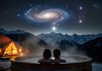 Romantic couple watching a glowing spiral galaxy from a hot tub at a snowy mountain glamping site