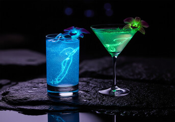 Glowing blue and green neon cocktails with tropical flowers on dark wet stones at night.