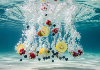Refreshing underwater splash of fresh strawberries, blueberries, and lemon slices in clear turquoise water.