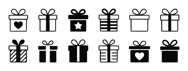 Collection of black and white gift box with bows and various patterns present