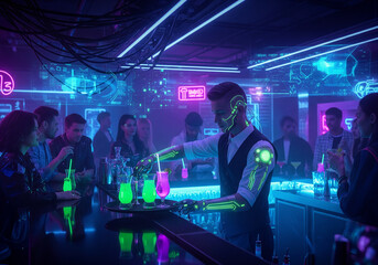 Cyberpunk waiter with robotic augmentations serving glowing neon cocktails in a futuristic nightclub.