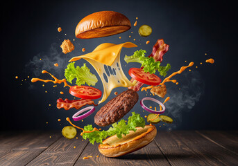 Deconstructed gourmet cheeseburger with flying ingredients and melting cheese over a wooden table - with copy space.
