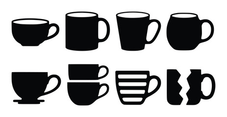 Obraz premium Collection of black silhouette mugs and cups with varied and broken cup coffee drink