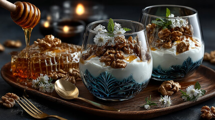 Two tasty natural desserts with Greek yogurt, raw fresh walnuts and a topping of honey served in individual glasses