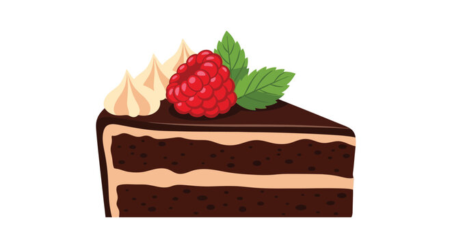 Delicious chocolate cake slice with raspberry and mint.