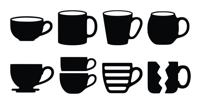 Collection of black silhouette mugs and cups with varied and broken cup coffee drink