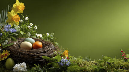 Easter egg nest spring flower garden nature green background celebration decoration seasonal joy