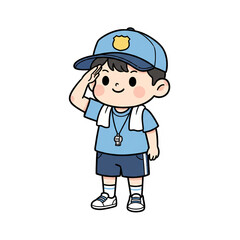 Cute Little Police Officer in Patrol Uniform with Full Equipment Saluting Cartoon