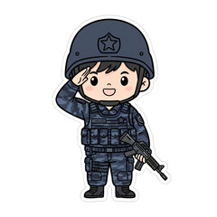 Cute Little Army Infantry Soldier Desert Camo Boy Saluting with Gun Cartoon