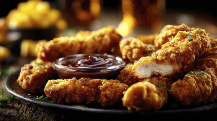 Fried chicken chicken tender crispy breading barbecue sauce fast food comfort food dinner snack plate appetizer Fried chicken tender with crispy